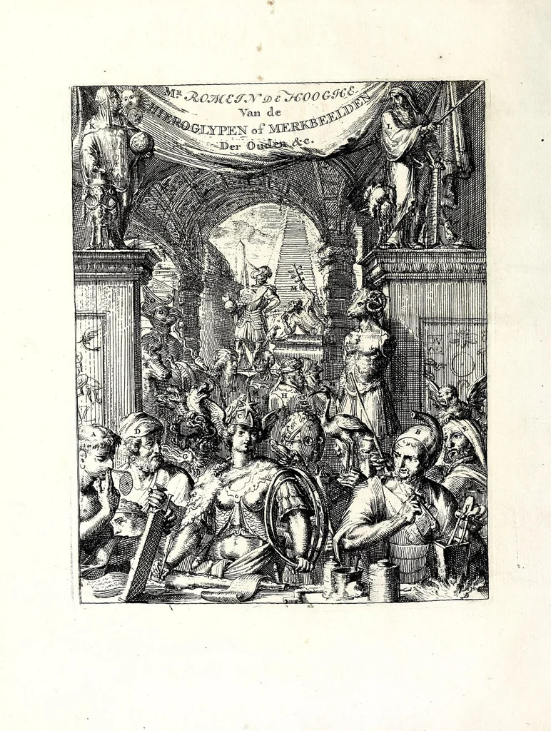 An illustration from Hieroglyphica, oder, Denkbilder der alten Völker : namentlich der Aegyptier, Chaldäer, Phönizier, Jüden, Griechen, Römer, u.s.w. : nebst einem umständlichen Berichte von dem Verfalle und der eingeschlichenen Verderbniss in den Gottesdiensten, durch verschiedene Jahrhunderte und endlich die Glaubensverbesserung, bis auf diese Zeit fortgesetzt, in LXIII Capiteln und so viel Kupfertafeln, 1744, leaf 8