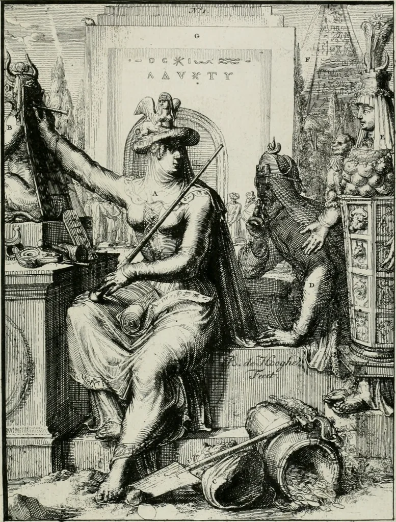 An illustration from Hieroglyphica, of, Merkbeelden der oude volkeren : namentlyk Egyptenaren, Chaldeeuwen, Feniciers, Joden, Grieken, Romeynen, enz. : nevens een omstandig bericht van het verval en voortkruypende verbastering der godsdiensten door verscheyde eeuwen : en eyndelyk de hervorming, tot op deze tyden toe vervolgt : In LXIII. hoofdstukken, en zoo veele kopere print-blaaden, 1735, leaf 10