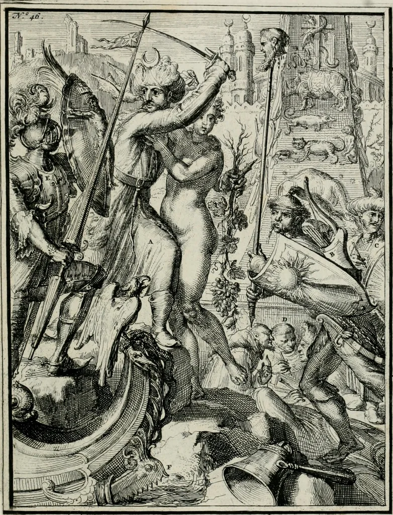 An illustration from Hieroglyphica, of, Merkbeelden der oude volkeren : namentlyk Egyptenaren, Chaldeeuwen, Feniciers, Joden, Grieken, Romeynen, enz. : nevens een omstandig bericht van het verval en voortkruypende verbastering der godsdiensten door verscheyde eeuwen : en eyndelyk de hervorming, tot op deze tyden toe vervolgt : In LXIII. hoofdstukken, en zoo veele kopere print-blaaden, 1735, leaf 100