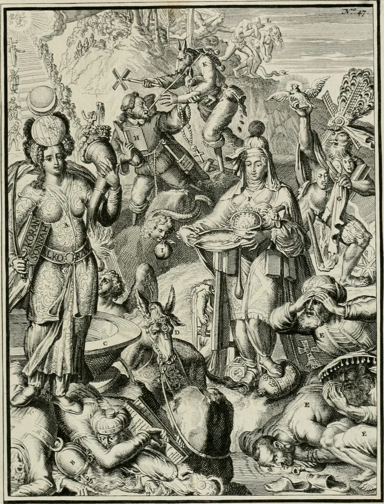 An illustration from Hieroglyphica, of, Merkbeelden der oude volkeren : namentlyk Egyptenaren, Chaldeeuwen, Feniciers, Joden, Grieken, Romeynen, enz. : nevens een omstandig bericht van het verval en voortkruypende verbastering der godsdiensten door verscheyde eeuwen : en eyndelyk de hervorming, tot op deze tyden toe vervolgt : In LXIII. hoofdstukken, en zoo veele kopere print-blaaden, 1735, leaf 102