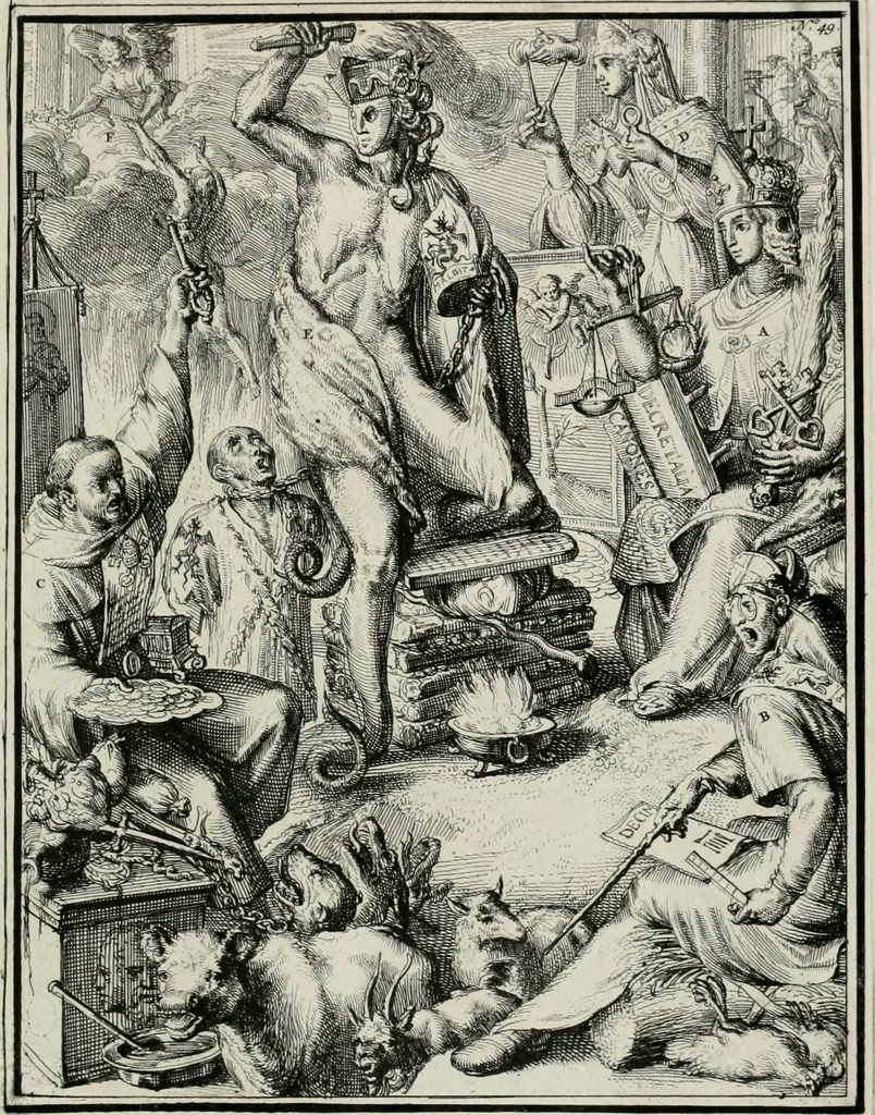 An illustration from Hieroglyphica, of, Merkbeelden der oude volkeren : namentlyk Egyptenaren, Chaldeeuwen, Feniciers, Joden, Grieken, Romeynen, enz. : nevens een omstandig bericht van het verval en voortkruypende verbastering der godsdiensten door verscheyde eeuwen : en eyndelyk de hervorming, tot op deze tyden toe vervolgt : In LXIII. hoofdstukken, en zoo veele kopere print-blaaden, 1735, leaf 106
