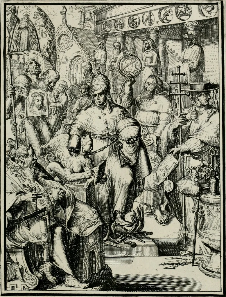 An illustration from Hieroglyphica, of, Merkbeelden der oude volkeren : namentlyk Egyptenaren, Chaldeeuwen, Feniciers, Joden, Grieken, Romeynen, enz. : nevens een omstandig bericht van het verval en voortkruypende verbastering der godsdiensten door verscheyde eeuwen : en eyndelyk de hervorming, tot op deze tyden toe vervolgt : In LXIII. hoofdstukken, en zoo veele kopere print-blaaden, 1735, leaf 108