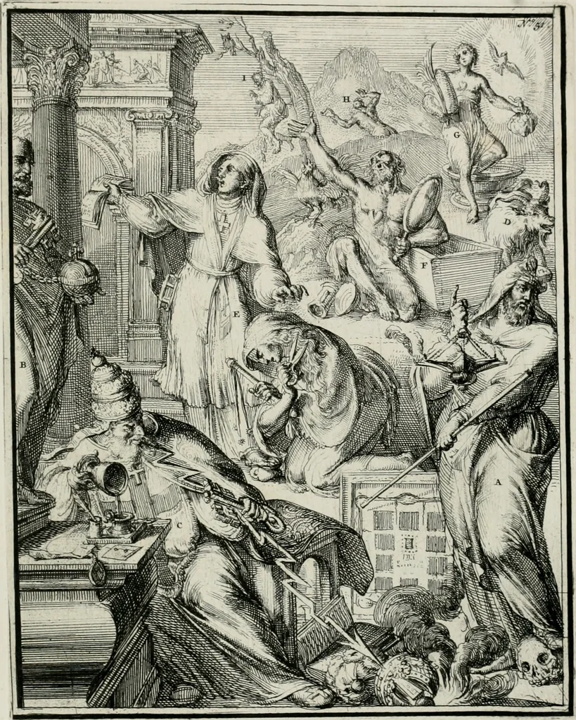 An illustration from Hieroglyphica, of, Merkbeelden der oude volkeren : namentlyk Egyptenaren, Chaldeeuwen, Feniciers, Joden, Grieken, Romeynen, enz. : nevens een omstandig bericht van het verval en voortkruypende verbastering der godsdiensten door verscheyde eeuwen : en eyndelyk de hervorming, tot op deze tyden toe vervolgt : In LXIII. hoofdstukken, en zoo veele kopere print-blaaden, 1735, leaf 110