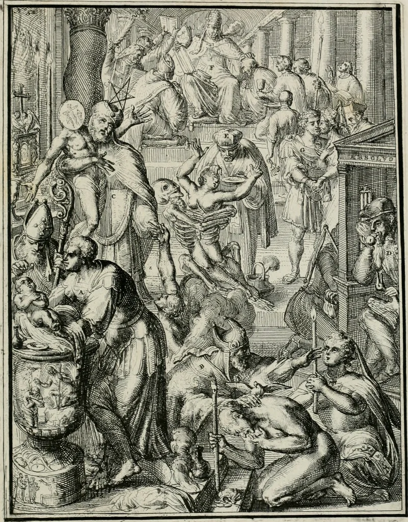 An illustration from Hieroglyphica, of, Merkbeelden der oude volkeren : namentlyk Egyptenaren, Chaldeeuwen, Feniciers, Joden, Grieken, Romeynen, enz. : nevens een omstandig bericht van het verval en voortkruypende verbastering der godsdiensten door verscheyde eeuwen : en eyndelyk de hervorming, tot op deze tyden toe vervolgt : In LXIII. hoofdstukken, en zoo veele kopere print-blaaden, 1735, leaf 112