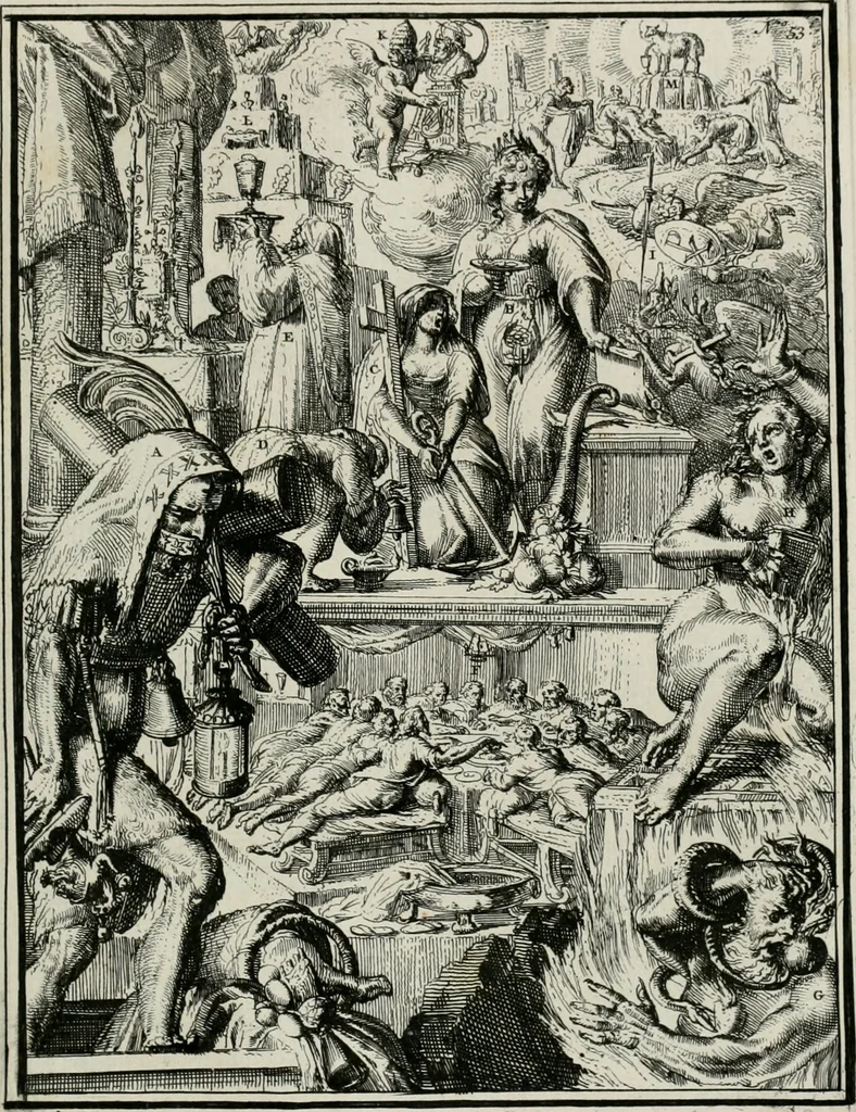 An illustration from Hieroglyphica, of, Merkbeelden der oude volkeren : namentlyk Egyptenaren, Chaldeeuwen, Feniciers, Joden, Grieken, Romeynen, enz. : nevens een omstandig bericht van het verval en voortkruypende verbastering der godsdiensten door verscheyde eeuwen : en eyndelyk de hervorming, tot op deze tyden toe vervolgt : In LXIII. hoofdstukken, en zoo veele kopere print-blaaden, 1735, leaf 114
