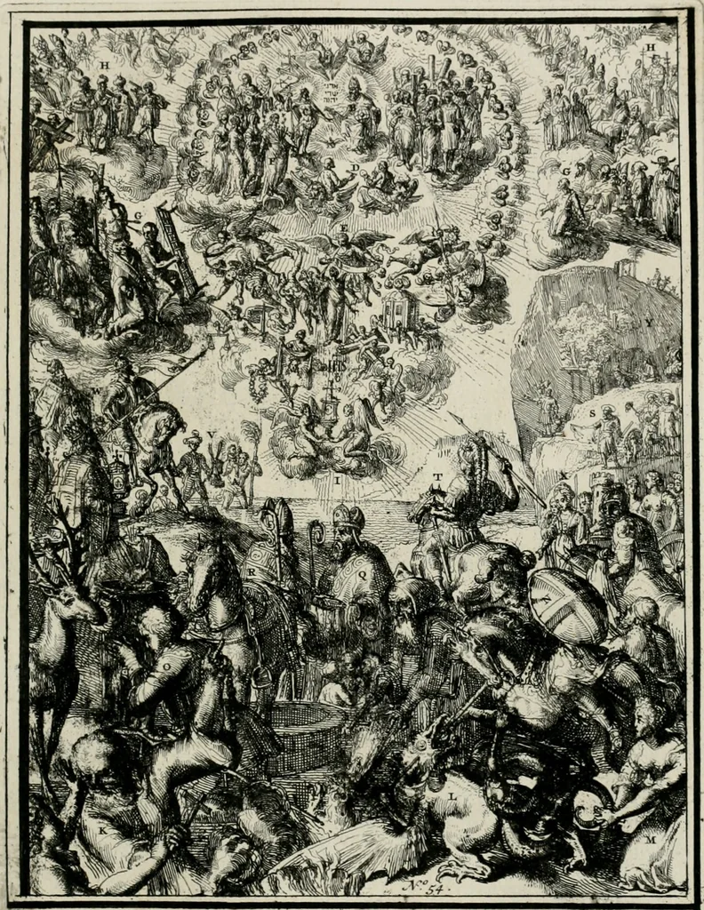 An illustration from Hieroglyphica, of, Merkbeelden der oude volkeren : namentlyk Egyptenaren, Chaldeeuwen, Feniciers, Joden, Grieken, Romeynen, enz. : nevens een omstandig bericht van het verval en voortkruypende verbastering der godsdiensten door verscheyde eeuwen : en eyndelyk de hervorming, tot op deze tyden toe vervolgt : In LXIII. hoofdstukken, en zoo veele kopere print-blaaden, 1735, leaf 116