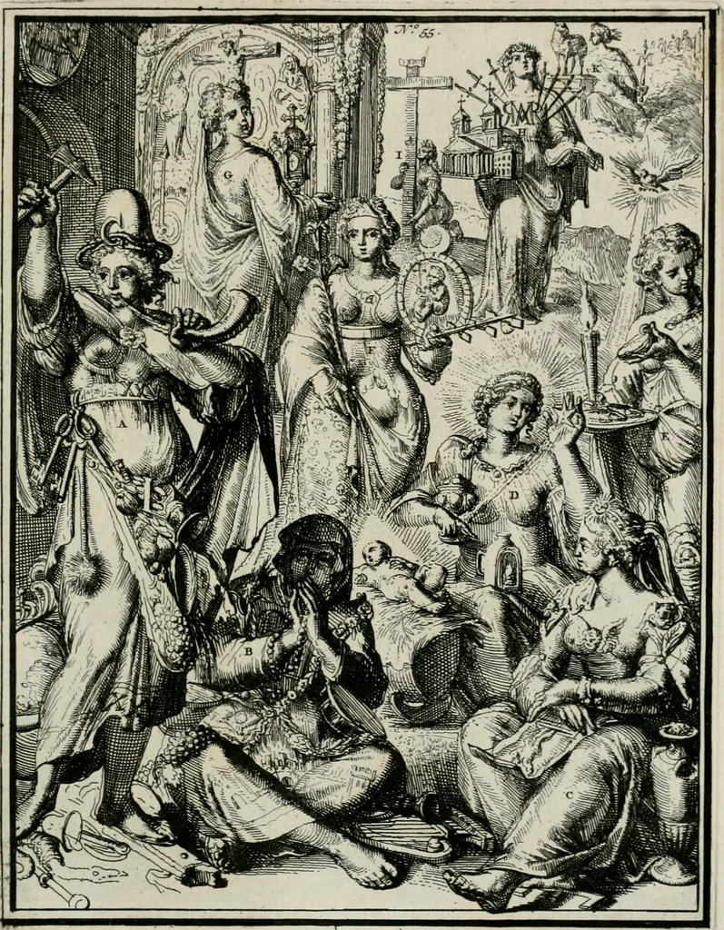 An illustration from Hieroglyphica, of, Merkbeelden der oude volkeren : namentlyk Egyptenaren, Chaldeeuwen, Feniciers, Joden, Grieken, Romeynen, enz. : nevens een omstandig bericht van het verval en voortkruypende verbastering der godsdiensten door verscheyde eeuwen : en eyndelyk de hervorming, tot op deze tyden toe vervolgt : In LXIII. hoofdstukken, en zoo veele kopere print-blaaden, 1735, leaf 118