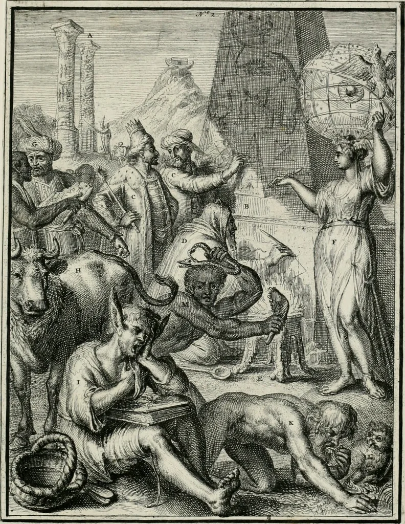 An illustration from Hieroglyphica, of, Merkbeelden der oude volkeren : namentlyk Egyptenaren, Chaldeeuwen, Feniciers, Joden, Grieken, Romeynen, enz. : nevens een omstandig bericht van het verval en voortkruypende verbastering der godsdiensten door verscheyde eeuwen : en eyndelyk de hervorming, tot op deze tyden toe vervolgt : In LXIII. hoofdstukken, en zoo veele kopere print-blaaden, 1735, leaf 12