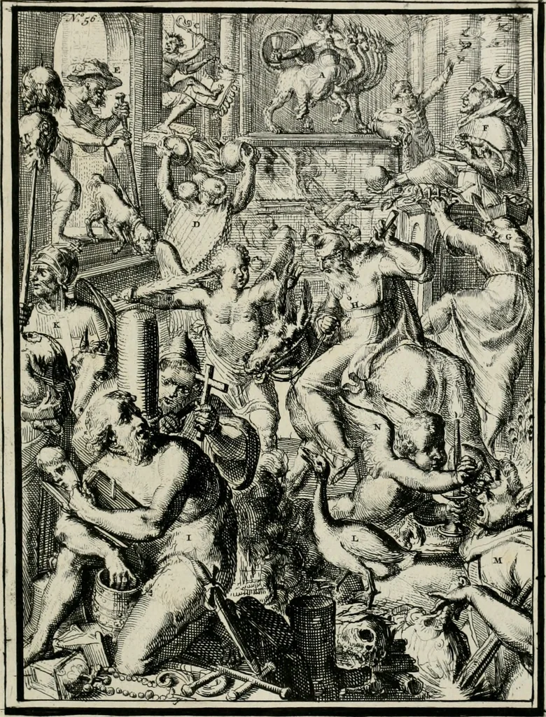 An illustration from Hieroglyphica, of, Merkbeelden der oude volkeren : namentlyk Egyptenaren, Chaldeeuwen, Feniciers, Joden, Grieken, Romeynen, enz. : nevens een omstandig bericht van het verval en voortkruypende verbastering der godsdiensten door verscheyde eeuwen : en eyndelyk de hervorming, tot op deze tyden toe vervolgt : In LXIII. hoofdstukken, en zoo veele kopere print-blaaden, 1735, leaf 120