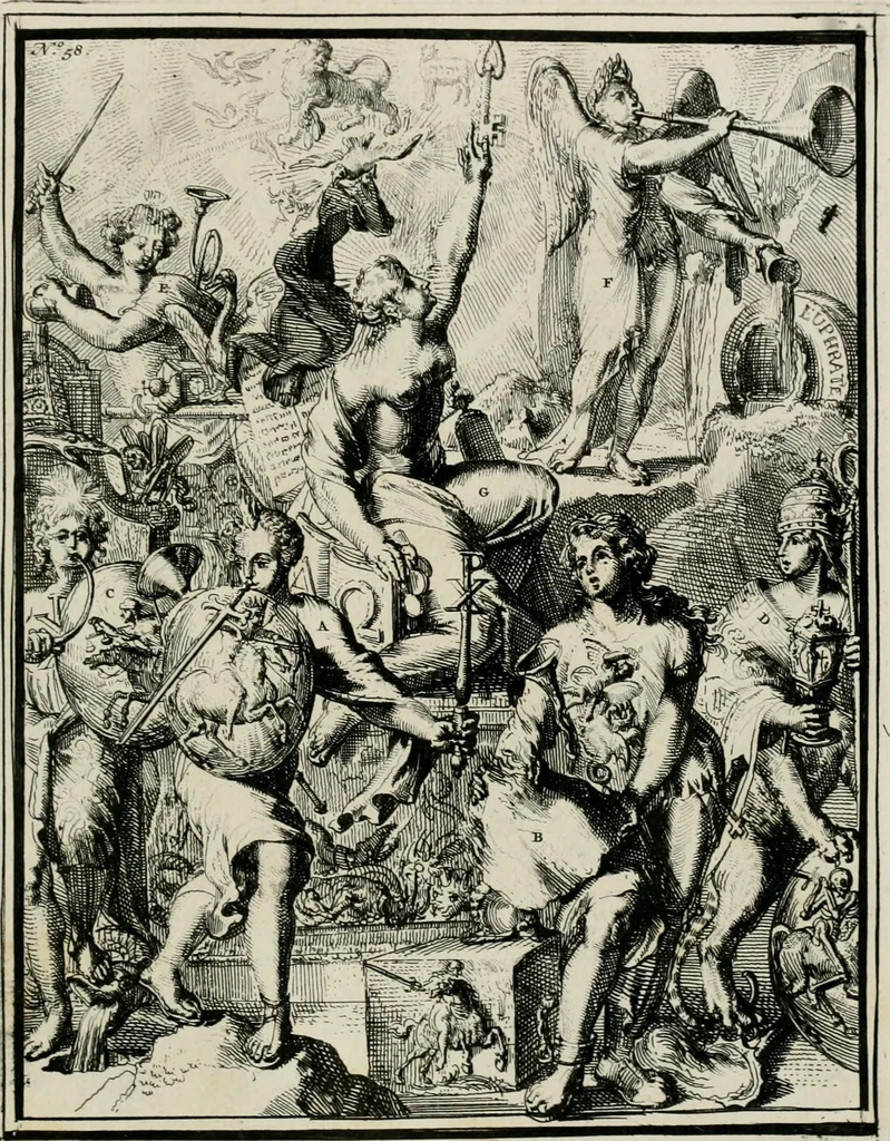 An illustration from Hieroglyphica, of, Merkbeelden der oude volkeren : namentlyk Egyptenaren, Chaldeeuwen, Feniciers, Joden, Grieken, Romeynen, enz. : nevens een omstandig bericht van het verval en voortkruypende verbastering der godsdiensten door verscheyde eeuwen : en eyndelyk de hervorming, tot op deze tyden toe vervolgt : In LXIII. hoofdstukken, en zoo veele kopere print-blaaden, 1735, leaf 124