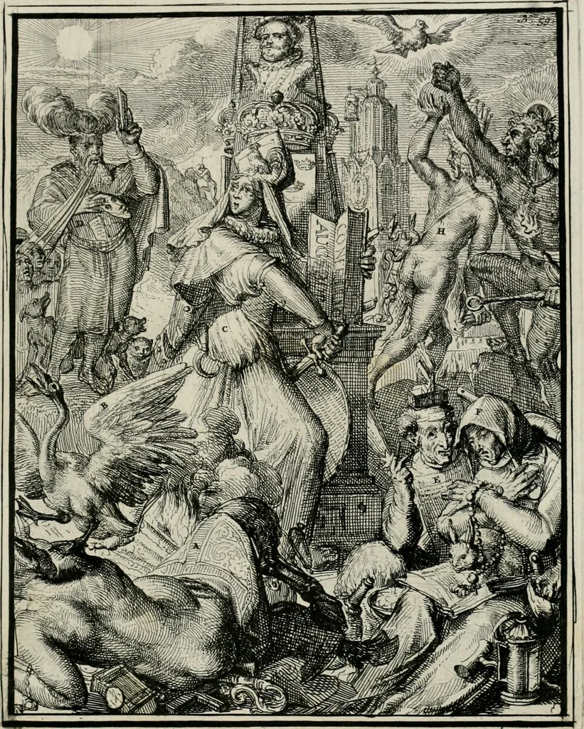 An illustration from Hieroglyphica, of, Merkbeelden der oude volkeren : namentlyk Egyptenaren, Chaldeeuwen, Feniciers, Joden, Grieken, Romeynen, enz. : nevens een omstandig bericht van het verval en voortkruypende verbastering der godsdiensten door verscheyde eeuwen : en eyndelyk de hervorming, tot op deze tyden toe vervolgt : In LXIII. hoofdstukken, en zoo veele kopere print-blaaden, 1735, leaf 126