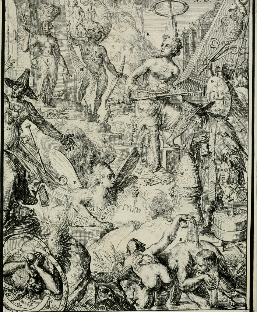 An illustration from Hieroglyphica, of, Merkbeelden der oude volkeren : namentlyk Egyptenaren, Chaldeeuwen, Feniciers, Joden, Grieken, Romeynen, enz. : nevens een omstandig bericht van het verval en voortkruypende verbastering der godsdiensten door verscheyde eeuwen : en eyndelyk de hervorming, tot op deze tyden toe vervolgt : In LXIII. hoofdstukken, en zoo veele kopere print-blaaden, 1735, leaf 128