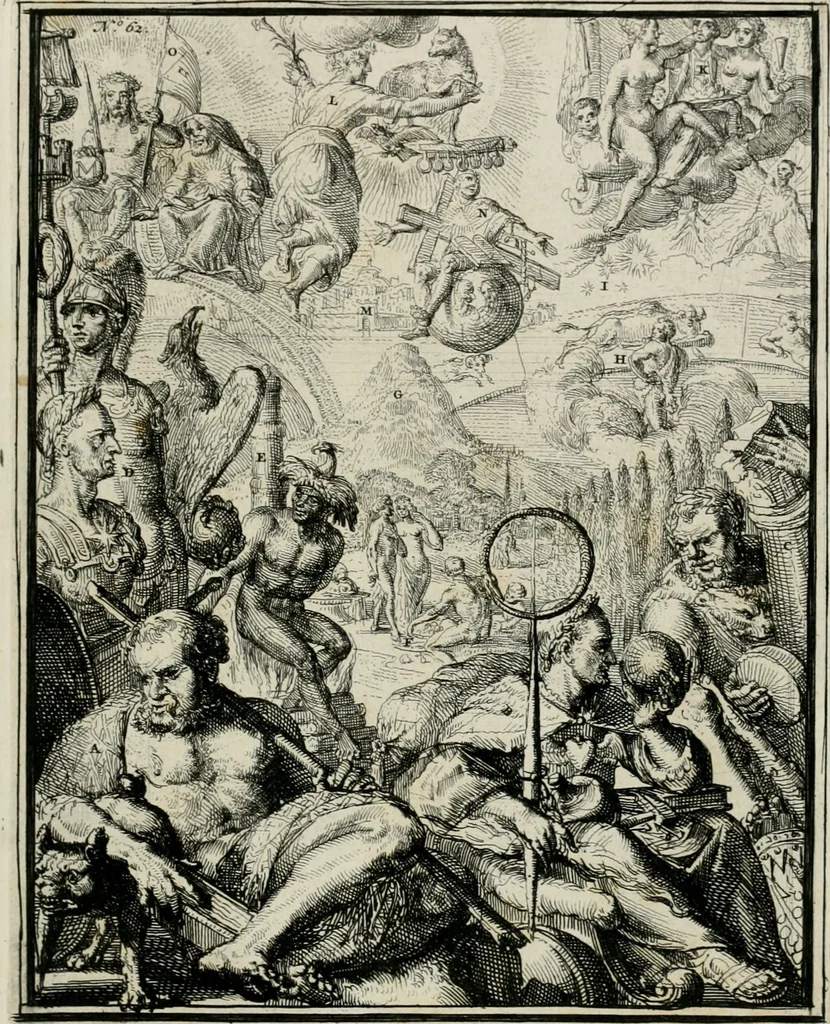 An illustration from Hieroglyphica, of, Merkbeelden der oude volkeren : namentlyk Egyptenaren, Chaldeeuwen, Feniciers, Joden, Grieken, Romeynen, enz. : nevens een omstandig bericht van het verval en voortkruypende verbastering der godsdiensten door verscheyde eeuwen : en eyndelyk de hervorming, tot op deze tyden toe vervolgt : In LXIII. hoofdstukken, en zoo veele kopere print-blaaden, 1735, leaf 132