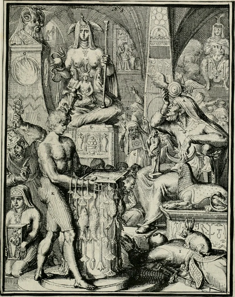 An illustration from Hieroglyphica, of, Merkbeelden der oude volkeren : namentlyk Egyptenaren, Chaldeeuwen, Feniciers, Joden, Grieken, Romeynen, enz. : nevens een omstandig bericht van het verval en voortkruypende verbastering der godsdiensten door verscheyde eeuwen : en eyndelyk de hervorming, tot op deze tyden toe vervolgt : In LXIII. hoofdstukken, en zoo veele kopere print-blaaden, 1735, leaf 14