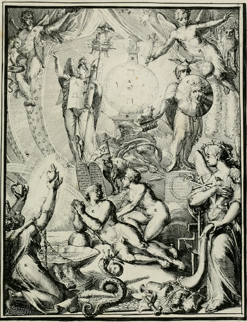 An illustration from Hieroglyphica, of, Merkbeelden der oude volkeren : namentlyk Egyptenaren, Chaldeeuwen, Feniciers, Joden, Grieken, Romeynen, enz. : nevens een omstandig bericht van het verval en voortkruypende verbastering der godsdiensten door verscheyde eeuwen : en eyndelyk de hervorming, tot op deze tyden toe vervolgt : In LXIII. hoofdstukken, en zoo veele kopere print-blaaden, 1735, leaf 16