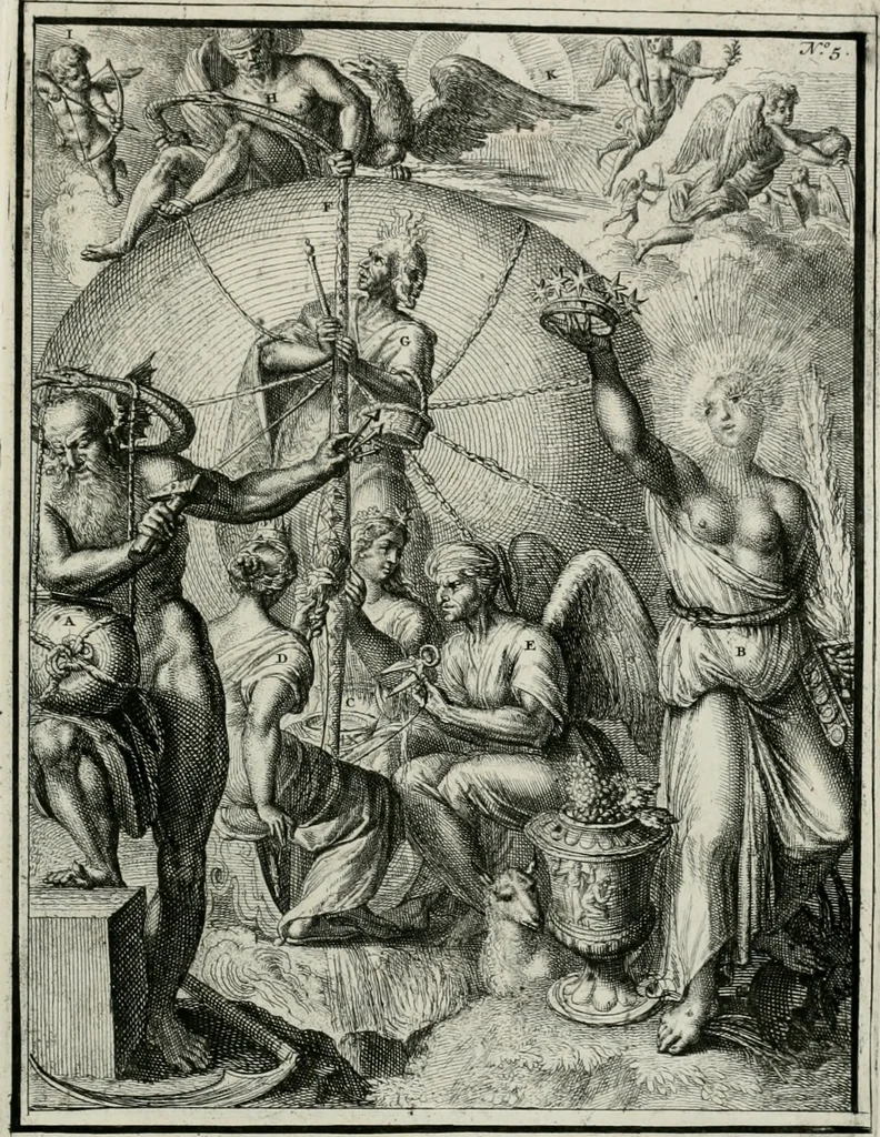 An illustration from Hieroglyphica, of, Merkbeelden der oude volkeren : namentlyk Egyptenaren, Chaldeeuwen, Feniciers, Joden, Grieken, Romeynen, enz. : nevens een omstandig bericht van het verval en voortkruypende verbastering der godsdiensten door verscheyde eeuwen : en eyndelyk de hervorming, tot op deze tyden toe vervolgt : In LXIII. hoofdstukken, en zoo veele kopere print-blaaden, 1735, leaf 18