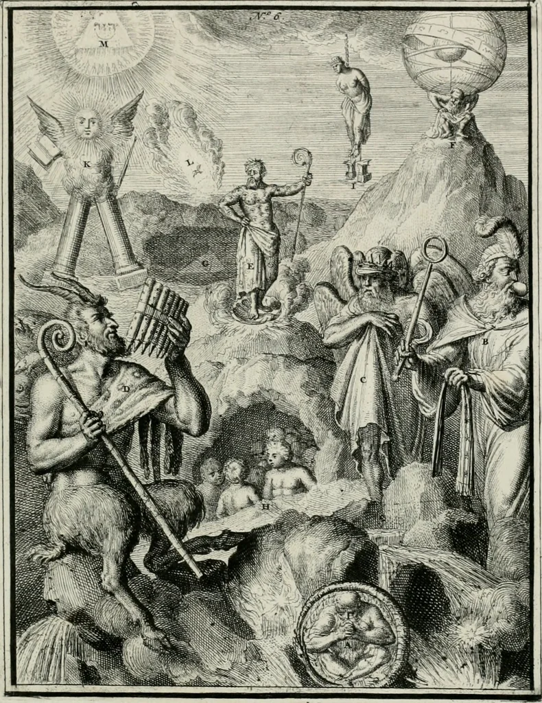 An illustration from Hieroglyphica, of, Merkbeelden der oude volkeren : namentlyk Egyptenaren, Chaldeeuwen, Feniciers, Joden, Grieken, Romeynen, enz. : nevens een omstandig bericht van het verval en voortkruypende verbastering der godsdiensten door verscheyde eeuwen : en eyndelyk de hervorming, tot op deze tyden toe vervolgt : In LXIII. hoofdstukken, en zoo veele kopere print-blaaden, 1735, leaf 20