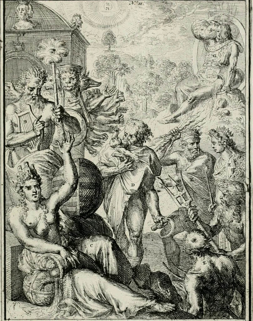 An illustration from Hieroglyphica, of, Merkbeelden der oude volkeren : namentlyk Egyptenaren, Chaldeeuwen, Feniciers, Joden, Grieken, Romeynen, enz. : nevens een omstandig bericht van het verval en voortkruypende verbastering der godsdiensten door verscheyde eeuwen : en eyndelyk de hervorming, tot op deze tyden toe vervolgt : In LXIII. hoofdstukken, en zoo veele kopere print-blaaden, 1735, leaf 30