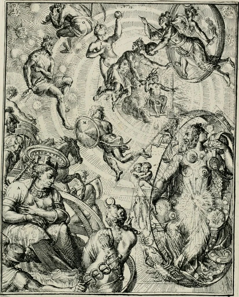 An illustration from Hieroglyphica, of, Merkbeelden der oude volkeren : namentlyk Egyptenaren, Chaldeeuwen, Feniciers, Joden, Grieken, Romeynen, enz. : nevens een omstandig bericht van het verval en voortkruypende verbastering der godsdiensten door verscheyde eeuwen : en eyndelyk de hervorming, tot op deze tyden toe vervolgt : In LXIII. hoofdstukken, en zoo veele kopere print-blaaden, 1735, leaf 32