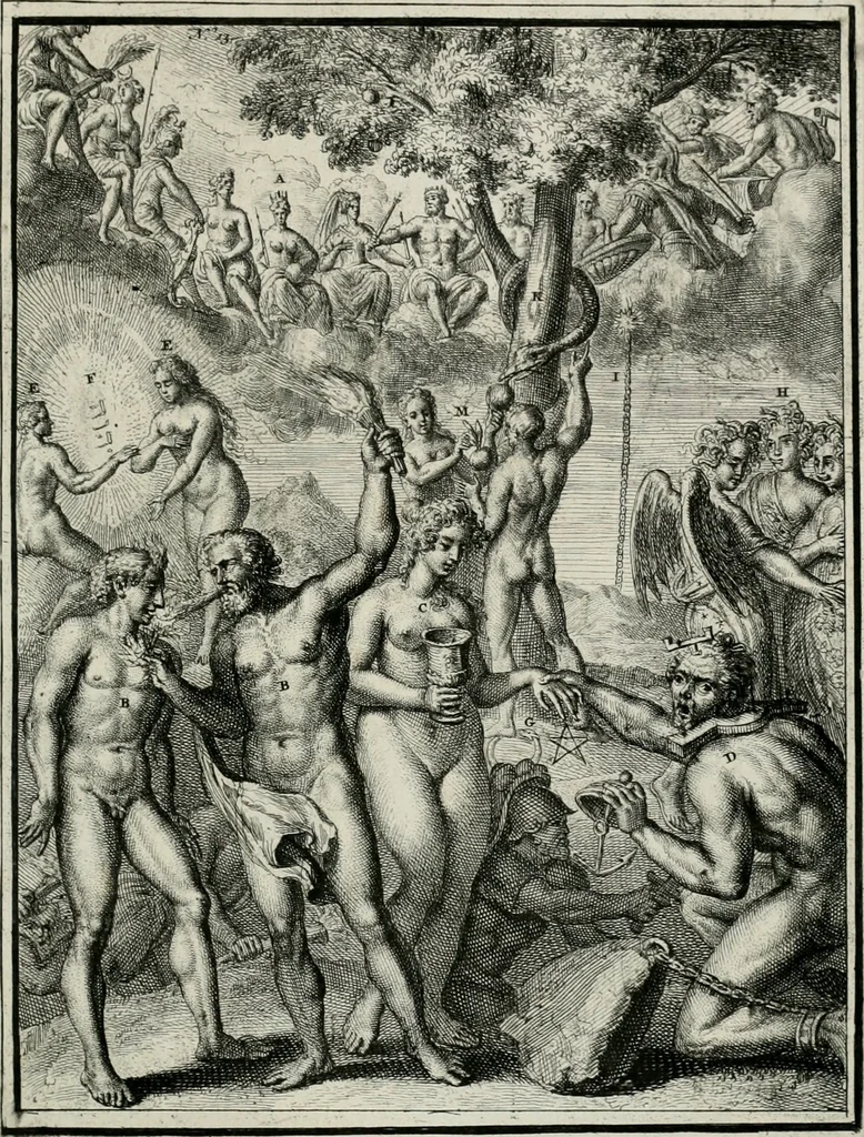 An illustration from Hieroglyphica, of, Merkbeelden der oude volkeren : namentlyk Egyptenaren, Chaldeeuwen, Feniciers, Joden, Grieken, Romeynen, enz. : nevens een omstandig bericht van het verval en voortkruypende verbastering der godsdiensten door verscheyde eeuwen : en eyndelyk de hervorming, tot op deze tyden toe vervolgt : In LXIII. hoofdstukken, en zoo veele kopere print-blaaden, 1735, leaf 34