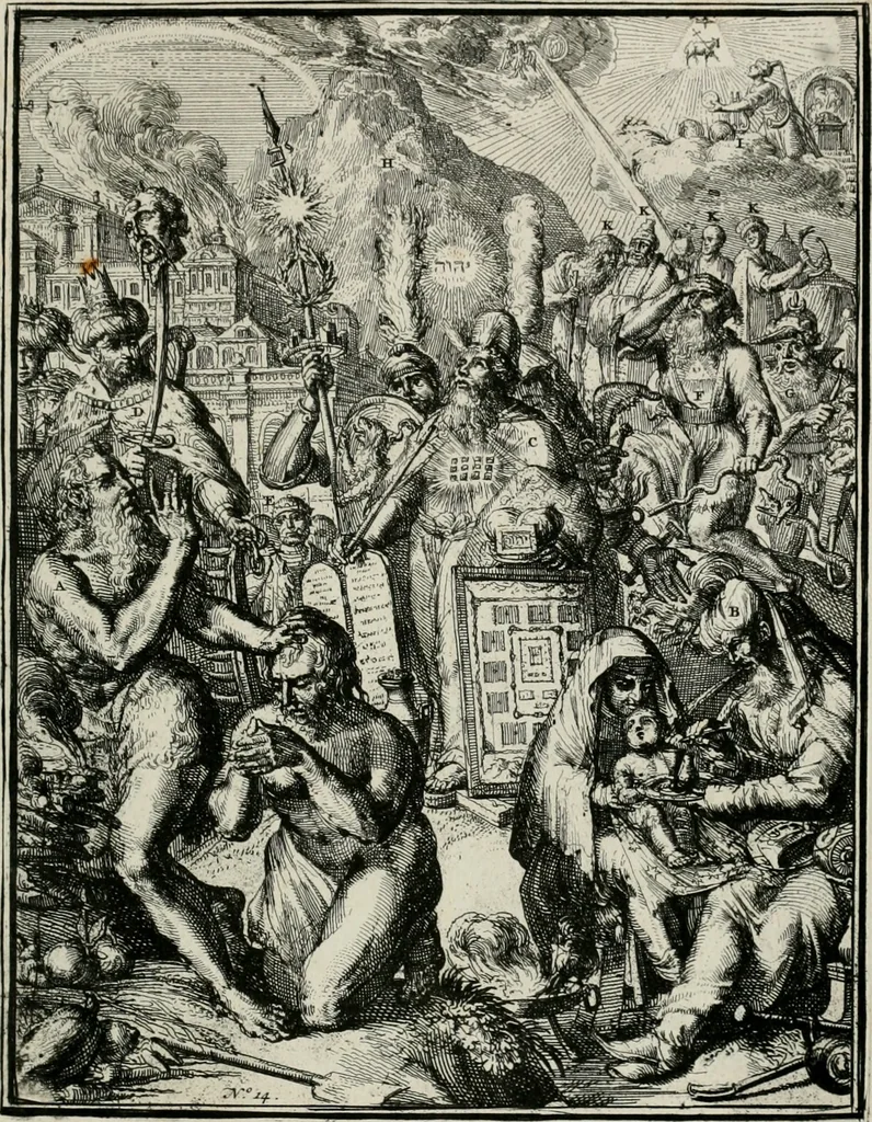 An illustration from Hieroglyphica, of, Merkbeelden der oude volkeren : namentlyk Egyptenaren, Chaldeeuwen, Feniciers, Joden, Grieken, Romeynen, enz. : nevens een omstandig bericht van het verval en voortkruypende verbastering der godsdiensten door verscheyde eeuwen : en eyndelyk de hervorming, tot op deze tyden toe vervolgt : In LXIII. hoofdstukken, en zoo veele kopere print-blaaden, 1735, leaf 36