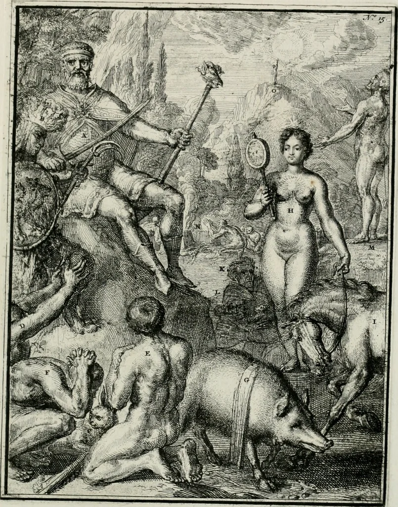 An illustration from Hieroglyphica, of, Merkbeelden der oude volkeren : namentlyk Egyptenaren, Chaldeeuwen, Feniciers, Joden, Grieken, Romeynen, enz. : nevens een omstandig bericht van het verval en voortkruypende verbastering der godsdiensten door verscheyde eeuwen : en eyndelyk de hervorming, tot op deze tyden toe vervolgt : In LXIII. hoofdstukken, en zoo veele kopere print-blaaden, 1735, leaf 38