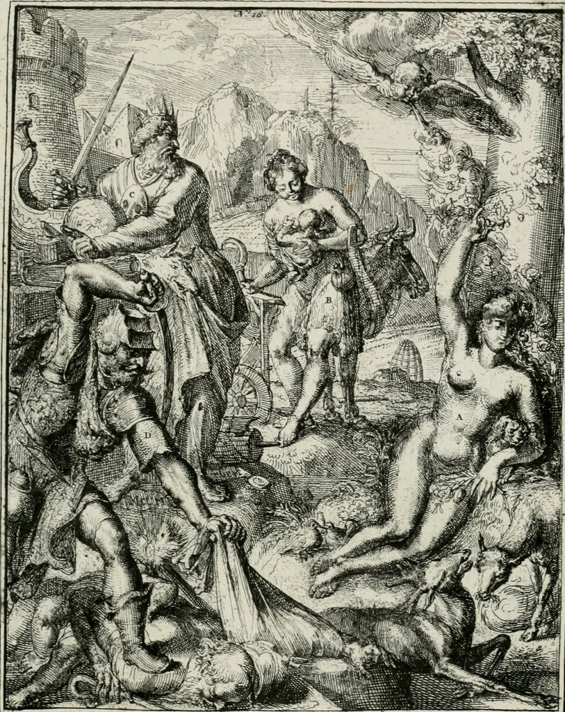 An illustration from Hieroglyphica, of, Merkbeelden der oude volkeren : namentlyk Egyptenaren, Chaldeeuwen, Feniciers, Joden, Grieken, Romeynen, enz. : nevens een omstandig bericht van het verval en voortkruypende verbastering der godsdiensten door verscheyde eeuwen : en eyndelyk de hervorming, tot op deze tyden toe vervolgt : In LXIII. hoofdstukken, en zoo veele kopere print-blaaden, 1735, leaf 40