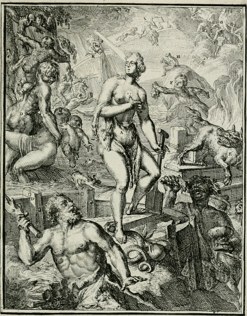 An illustration from Hieroglyphica, of, Merkbeelden der oude volkeren : namentlyk Egyptenaren, Chaldeeuwen, Feniciers, Joden, Grieken, Romeynen, enz. : nevens een omstandig bericht van het verval en voortkruypende verbastering der godsdiensten door verscheyde eeuwen : en eyndelyk de hervorming, tot op deze tyden toe vervolgt : In LXIII. hoofdstukken, en zoo veele kopere print-blaaden, 1735, leaf 42