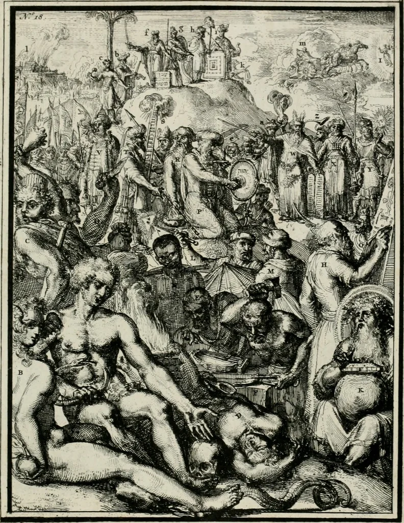 An illustration from Hieroglyphica, of, Merkbeelden der oude volkeren : namentlyk Egyptenaren, Chaldeeuwen, Feniciers, Joden, Grieken, Romeynen, enz. : nevens een omstandig bericht van het verval en voortkruypende verbastering der godsdiensten door verscheyde eeuwen : en eyndelyk de hervorming, tot op deze tyden toe vervolgt : In LXIII. hoofdstukken, en zoo veele kopere print-blaaden, 1735, leaf 44