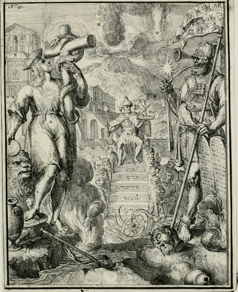 An illustration from Hieroglyphica, of, Merkbeelden der oude volkeren : namentlyk Egyptenaren, Chaldeeuwen, Feniciers, Joden, Grieken, Romeynen, enz. : nevens een omstandig bericht van het verval en voortkruypende verbastering der godsdiensten door verscheyde eeuwen : en eyndelyk de hervorming, tot op deze tyden toe vervolgt : In LXIII. hoofdstukken, en zoo veele kopere print-blaaden, 1735, leaf 46