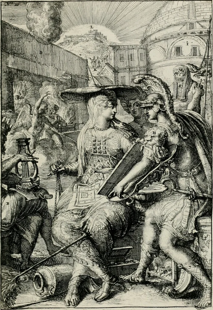 An illustration from Hieroglyphica, of, Merkbeelden der oude volkeren : namentlyk Egyptenaren, Chaldeeuwen, Feniciers, Joden, Grieken, Romeynen, enz. : nevens een omstandig bericht van het verval en voortkruypende verbastering der godsdiensten door verscheyde eeuwen : en eyndelyk de hervorming, tot op deze tyden toe vervolgt : In LXIII. hoofdstukken, en zoo veele kopere print-blaaden, 1735, leaf 48
