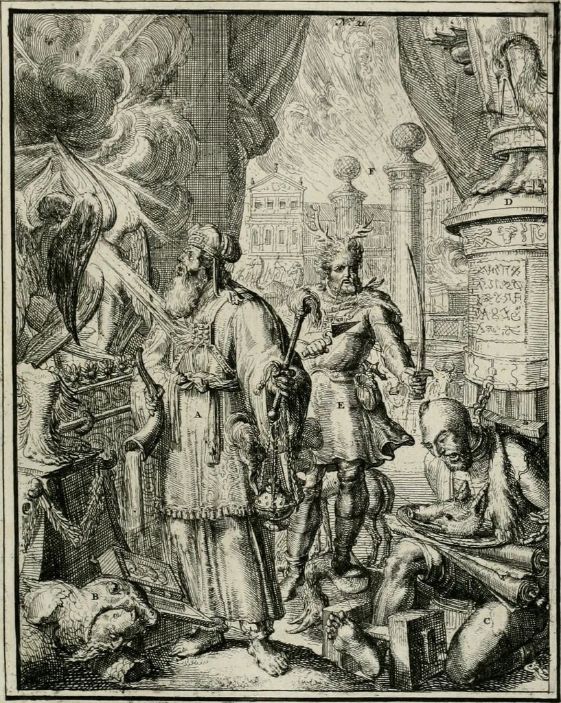 An illustration from Hieroglyphica, of, Merkbeelden der oude volkeren : namentlyk Egyptenaren, Chaldeeuwen, Feniciers, Joden, Grieken, Romeynen, enz. : nevens een omstandig bericht van het verval en voortkruypende verbastering der godsdiensten door verscheyde eeuwen : en eyndelyk de hervorming, tot op deze tyden toe vervolgt : In LXIII. hoofdstukken, en zoo veele kopere print-blaaden, 1735, leaf 50