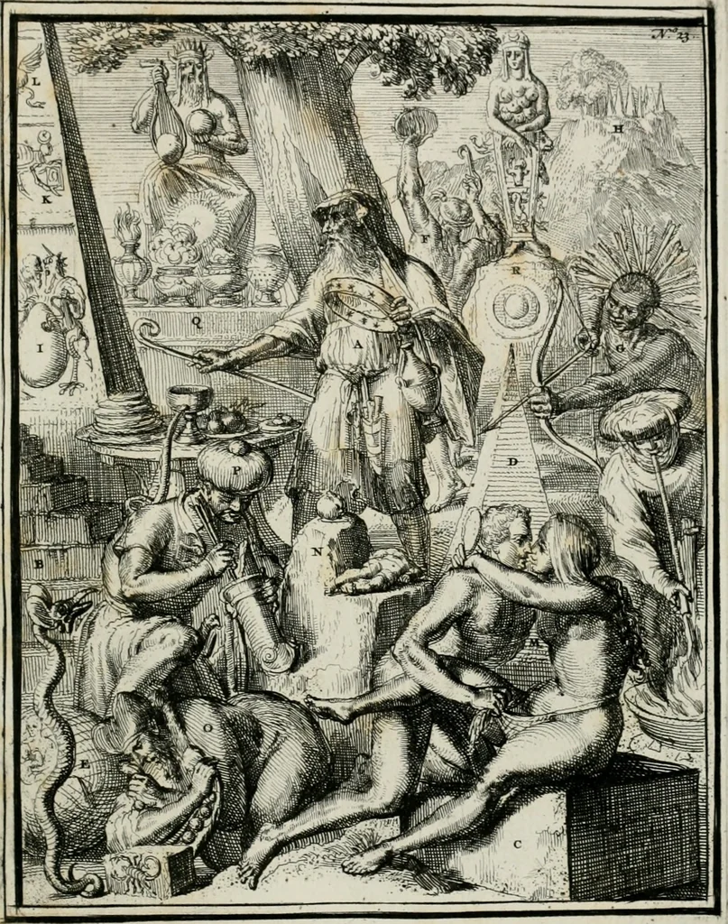 An illustration from Hieroglyphica, of, Merkbeelden der oude volkeren : namentlyk Egyptenaren, Chaldeeuwen, Feniciers, Joden, Grieken, Romeynen, enz. : nevens een omstandig bericht van het verval en voortkruypende verbastering der godsdiensten door verscheyde eeuwen : en eyndelyk de hervorming, tot op deze tyden toe vervolgt : In LXIII. hoofdstukken, en zoo veele kopere print-blaaden, 1735, leaf 54