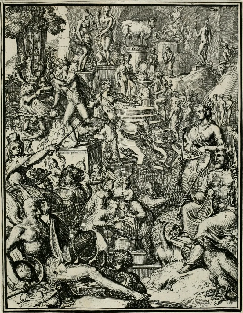 An illustration from Hieroglyphica, of, Merkbeelden der oude volkeren : namentlyk Egyptenaren, Chaldeeuwen, Feniciers, Joden, Grieken, Romeynen, enz. : nevens een omstandig bericht van het verval en voortkruypende verbastering der godsdiensten door verscheyde eeuwen : en eyndelyk de hervorming, tot op deze tyden toe vervolgt : In LXIII. hoofdstukken, en zoo veele kopere print-blaaden, 1735, leaf 56
