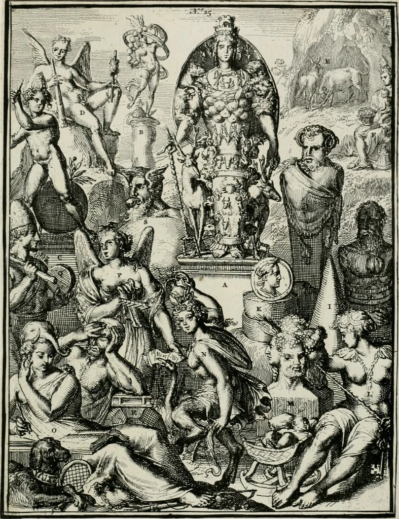 An illustration from Hieroglyphica, of, Merkbeelden der oude volkeren : namentlyk Egyptenaren, Chaldeeuwen, Feniciers, Joden, Grieken, Romeynen, enz. : nevens een omstandig bericht van het verval en voortkruypende verbastering der godsdiensten door verscheyde eeuwen : en eyndelyk de hervorming, tot op deze tyden toe vervolgt : In LXIII. hoofdstukken, en zoo veele kopere print-blaaden, 1735, leaf 58