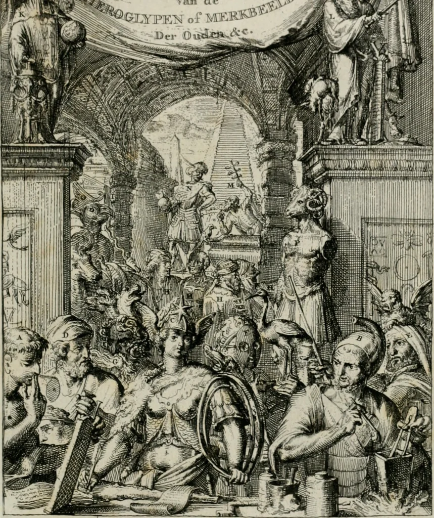 An illustration from Hieroglyphica, of, Merkbeelden der oude volkeren : namentlyk Egyptenaren, Chaldeeuwen, Feniciers, Joden, Grieken, Romeynen, enz. : nevens een omstandig bericht van het verval en voortkruypende verbastering der godsdiensten door verscheyde eeuwen : en eyndelyk de hervorming, tot op deze tyden toe vervolgt : In LXIII. hoofdstukken, en zoo veele kopere print-blaaden, 1735, leaf 6