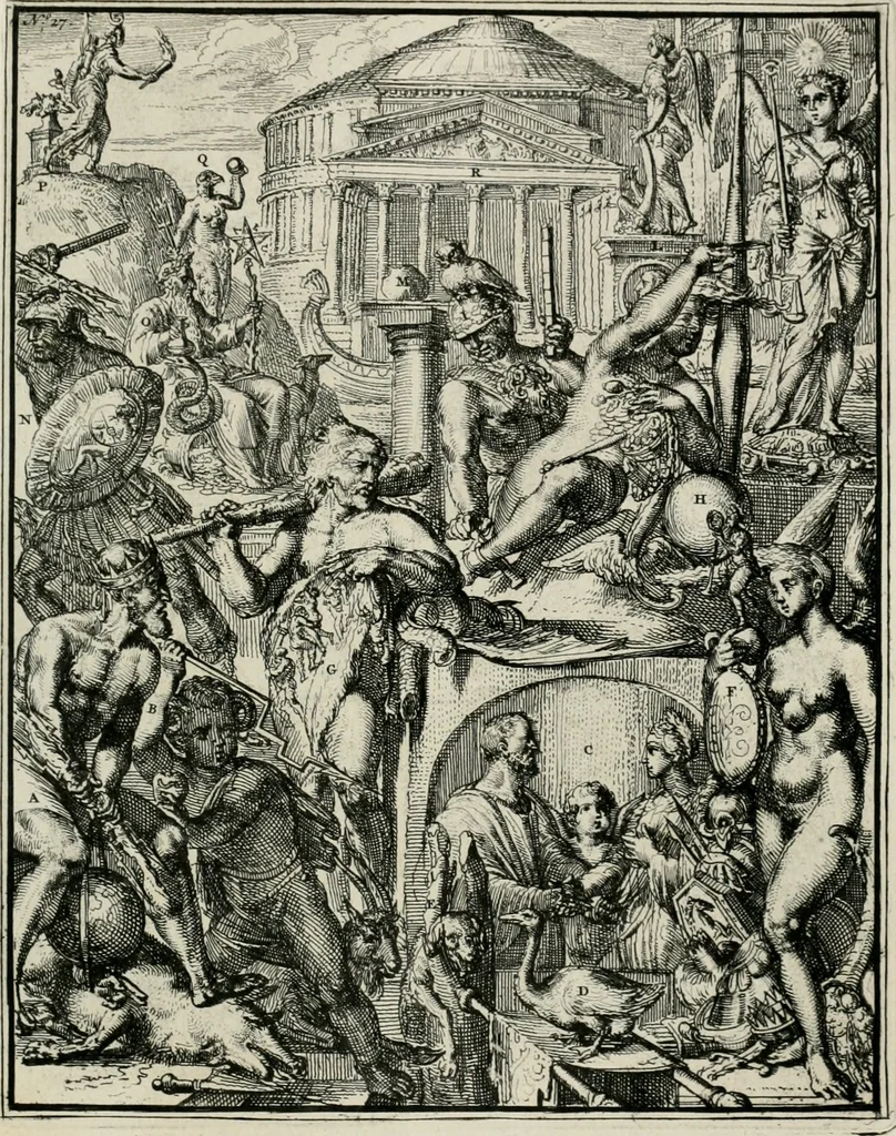 An illustration from Hieroglyphica, of, Merkbeelden der oude volkeren : namentlyk Egyptenaren, Chaldeeuwen, Feniciers, Joden, Grieken, Romeynen, enz. : nevens een omstandig bericht van het verval en voortkruypende verbastering der godsdiensten door verscheyde eeuwen : en eyndelyk de hervorming, tot op deze tyden toe vervolgt : In LXIII. hoofdstukken, en zoo veele kopere print-blaaden, 1735, leaf 62