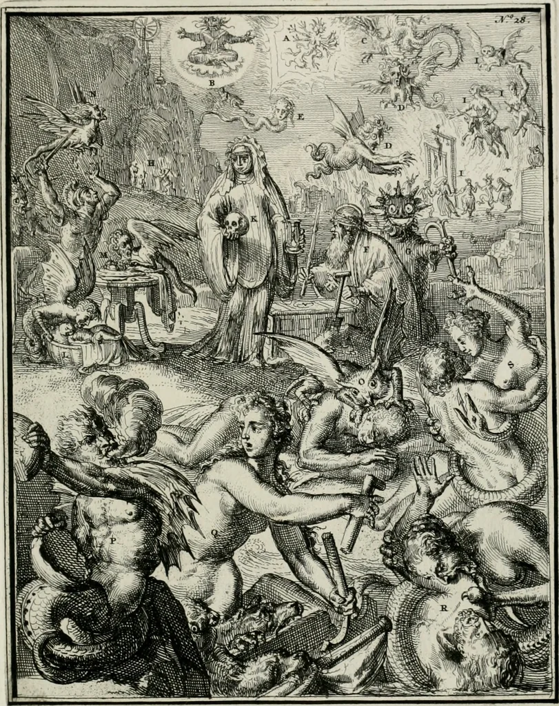 An illustration from Hieroglyphica, of, Merkbeelden der oude volkeren : namentlyk Egyptenaren, Chaldeeuwen, Feniciers, Joden, Grieken, Romeynen, enz. : nevens een omstandig bericht van het verval en voortkruypende verbastering der godsdiensten door verscheyde eeuwen : en eyndelyk de hervorming, tot op deze tyden toe vervolgt : In LXIII. hoofdstukken, en zoo veele kopere print-blaaden, 1735, leaf 64