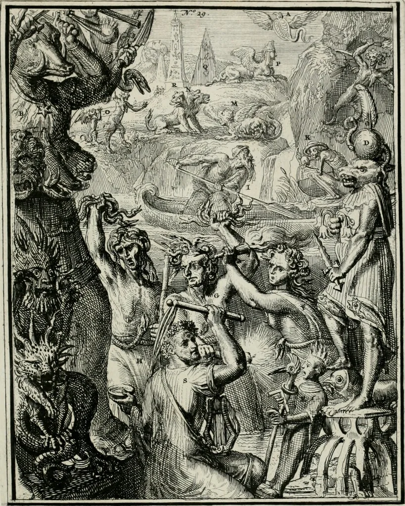 An illustration from Hieroglyphica, of, Merkbeelden der oude volkeren : namentlyk Egyptenaren, Chaldeeuwen, Feniciers, Joden, Grieken, Romeynen, enz. : nevens een omstandig bericht van het verval en voortkruypende verbastering der godsdiensten door verscheyde eeuwen : en eyndelyk de hervorming, tot op deze tyden toe vervolgt : In LXIII. hoofdstukken, en zoo veele kopere print-blaaden, 1735, leaf 66