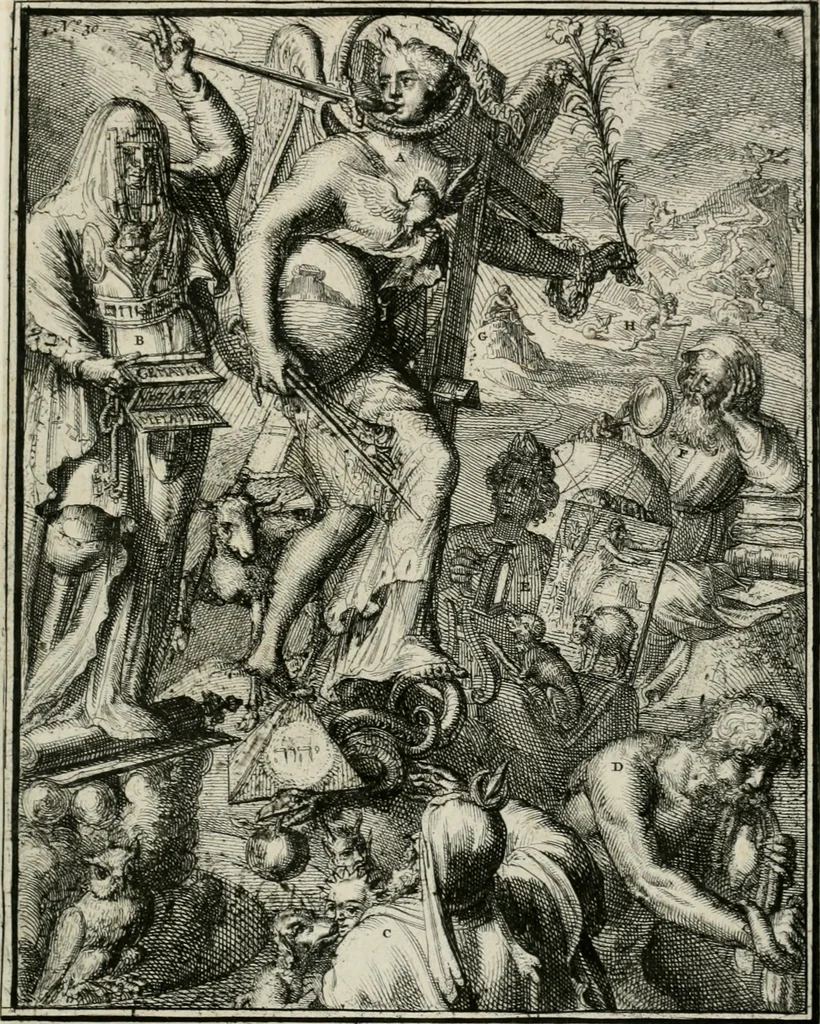 An illustration from Hieroglyphica, of, Merkbeelden der oude volkeren : namentlyk Egyptenaren, Chaldeeuwen, Feniciers, Joden, Grieken, Romeynen, enz. : nevens een omstandig bericht van het verval en voortkruypende verbastering der godsdiensten door verscheyde eeuwen : en eyndelyk de hervorming, tot op deze tyden toe vervolgt : In LXIII. hoofdstukken, en zoo veele kopere print-blaaden, 1735, leaf 68