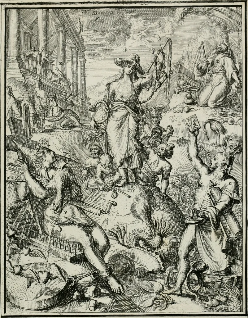 An illustration from Hieroglyphica, of, Merkbeelden der oude volkeren : namentlyk Egyptenaren, Chaldeeuwen, Feniciers, Joden, Grieken, Romeynen, enz. : nevens een omstandig bericht van het verval en voortkruypende verbastering der godsdiensten door verscheyde eeuwen : en eyndelyk de hervorming, tot op deze tyden toe vervolgt : In LXIII. hoofdstukken, en zoo veele kopere print-blaaden, 1735, leaf 74