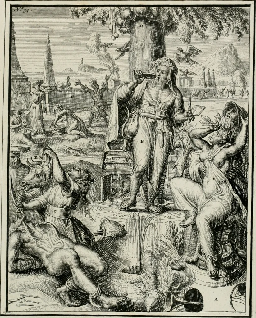 An illustration from Hieroglyphica, of, Merkbeelden der oude volkeren : namentlyk Egyptenaren, Chaldeeuwen, Feniciers, Joden, Grieken, Romeynen, enz. : nevens een omstandig bericht van het verval en voortkruypende verbastering der godsdiensten door verscheyde eeuwen : en eyndelyk de hervorming, tot op deze tyden toe vervolgt : In LXIII. hoofdstukken, en zoo veele kopere print-blaaden, 1735, leaf 76