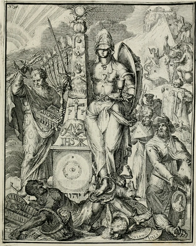 An illustration from Hieroglyphica, of, Merkbeelden der oude volkeren : namentlyk Egyptenaren, Chaldeeuwen, Feniciers, Joden, Grieken, Romeynen, enz. : nevens een omstandig bericht van het verval en voortkruypende verbastering der godsdiensten door verscheyde eeuwen : en eyndelyk de hervorming, tot op deze tyden toe vervolgt : In LXIII. hoofdstukken, en zoo veele kopere print-blaaden, 1735, leaf 80