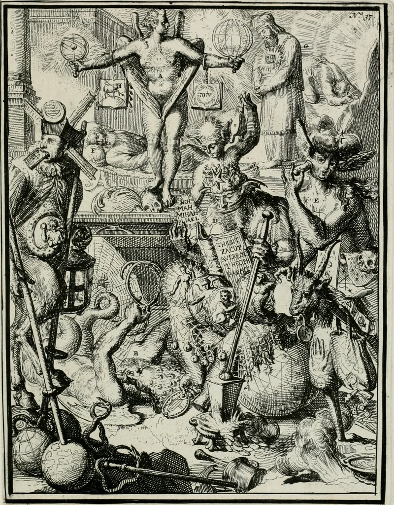 An illustration from Hieroglyphica, of, Merkbeelden der oude volkeren : namentlyk Egyptenaren, Chaldeeuwen, Feniciers, Joden, Grieken, Romeynen, enz. : nevens een omstandig bericht van het verval en voortkruypende verbastering der godsdiensten door verscheyde eeuwen : en eyndelyk de hervorming, tot op deze tyden toe vervolgt : In LXIII. hoofdstukken, en zoo veele kopere print-blaaden, 1735, leaf 82