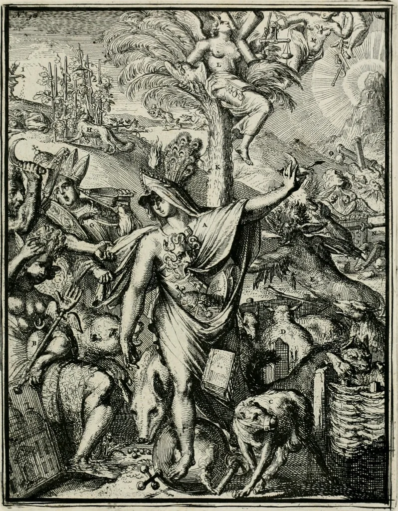 An illustration from Hieroglyphica, of, Merkbeelden der oude volkeren : namentlyk Egyptenaren, Chaldeeuwen, Feniciers, Joden, Grieken, Romeynen, enz. : nevens een omstandig bericht van het verval en voortkruypende verbastering der godsdiensten door verscheyde eeuwen : en eyndelyk de hervorming, tot op deze tyden toe vervolgt : In LXIII. hoofdstukken, en zoo veele kopere print-blaaden, 1735, leaf 84