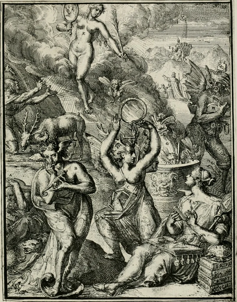 An illustration from Hieroglyphica, of, Merkbeelden der oude volkeren : namentlyk Egyptenaren, Chaldeeuwen, Feniciers, Joden, Grieken, Romeynen, enz. : nevens een omstandig bericht van het verval en voortkruypende verbastering der godsdiensten door verscheyde eeuwen : en eyndelyk de hervorming, tot op deze tyden toe vervolgt : In LXIII. hoofdstukken, en zoo veele kopere print-blaaden, 1735, leaf 86