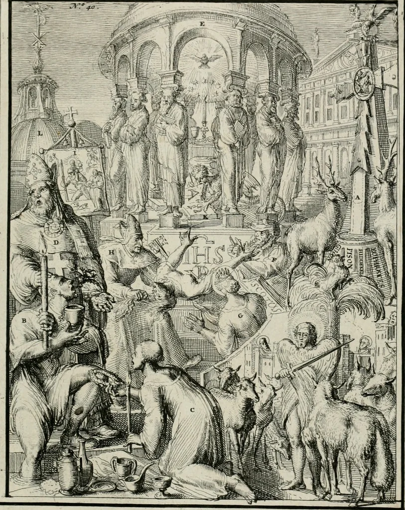 An illustration from Hieroglyphica, of, Merkbeelden der oude volkeren : namentlyk Egyptenaren, Chaldeeuwen, Feniciers, Joden, Grieken, Romeynen, enz. : nevens een omstandig bericht van het verval en voortkruypende verbastering der godsdiensten door verscheyde eeuwen : en eyndelyk de hervorming, tot op deze tyden toe vervolgt : In LXIII. hoofdstukken, en zoo veele kopere print-blaaden, 1735, leaf 88