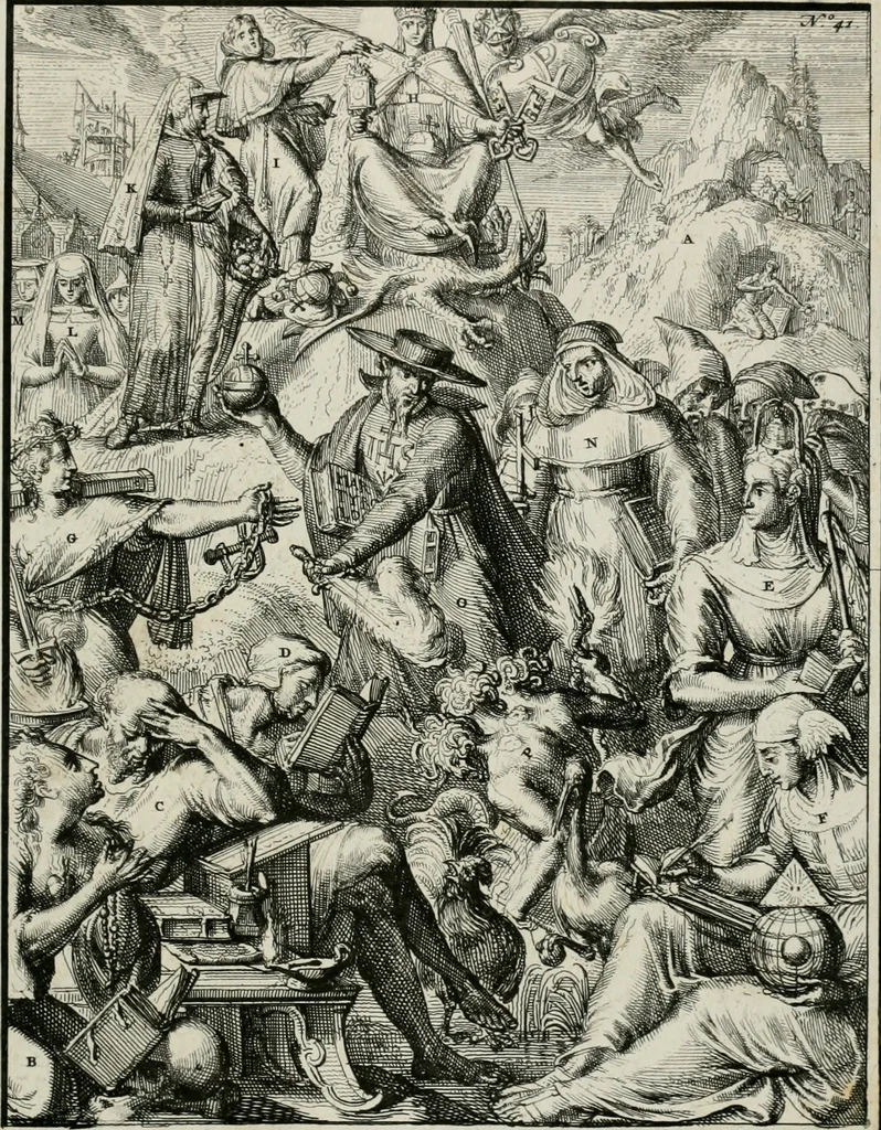An illustration from Hieroglyphica, of, Merkbeelden der oude volkeren : namentlyk Egyptenaren, Chaldeeuwen, Feniciers, Joden, Grieken, Romeynen, enz. : nevens een omstandig bericht van het verval en voortkruypende verbastering der godsdiensten door verscheyde eeuwen : en eyndelyk de hervorming, tot op deze tyden toe vervolgt : In LXIII. hoofdstukken, en zoo veele kopere print-blaaden, 1735, leaf 90