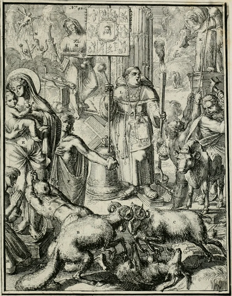 An illustration from Hieroglyphica, of, Merkbeelden der oude volkeren : namentlyk Egyptenaren, Chaldeeuwen, Feniciers, Joden, Grieken, Romeynen, enz. : nevens een omstandig bericht van het verval en voortkruypende verbastering der godsdiensten door verscheyde eeuwen : en eyndelyk de hervorming, tot op deze tyden toe vervolgt : In LXIII. hoofdstukken, en zoo veele kopere print-blaaden, 1735, leaf 92