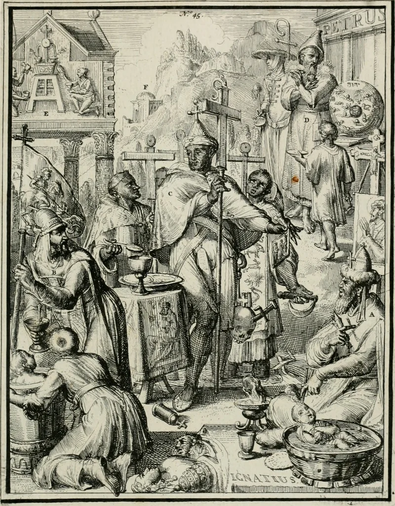 An illustration from Hieroglyphica, of, Merkbeelden der oude volkeren : namentlyk Egyptenaren, Chaldeeuwen, Feniciers, Joden, Grieken, Romeynen, enz. : nevens een omstandig bericht van het verval en voortkruypende verbastering der godsdiensten door verscheyde eeuwen : en eyndelyk de hervorming, tot op deze tyden toe vervolgt : In LXIII. hoofdstukken, en zoo veele kopere print-blaaden, 1735, leaf 98